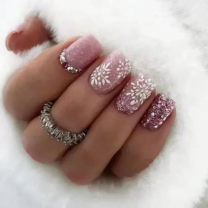 Short Square French Flower Press - On Nails 24 Pcs - Bennys Beauty World