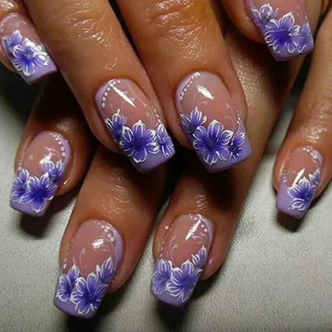 Long Coffin Press-On Nails – 24 Pcs Gradient Flower Design Reusable False Nails-Bennys Beauty World