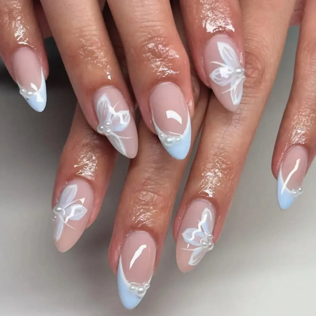 French Almond Press-On Nails – 24 Pcs Blue Star Pattern False Nails-Nails-Bennys Beauty World