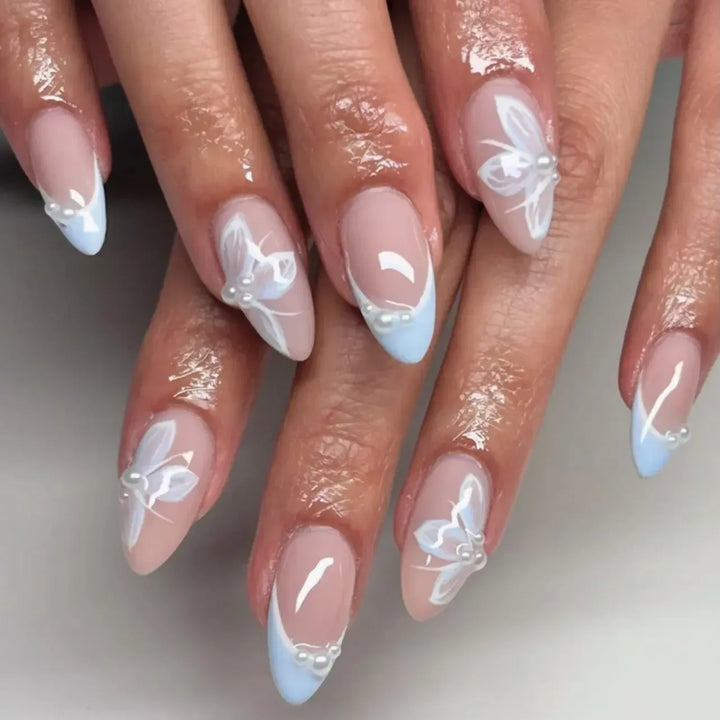French Almond Press-On Nails – 24 Pcs Blue Star Pattern False Nails-Nails-Bennys Beauty World