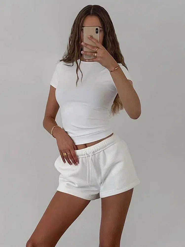 Spring Short Sleeve T-Shirt Womens Solid Simple Casual Crop Tops Tees-Tops-Bennys Beauty World