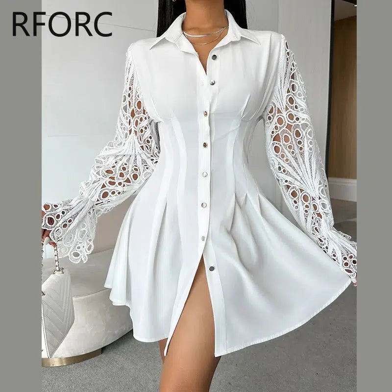 Long Sleeves A-line White Shirt Dress-Bennys Beauty World