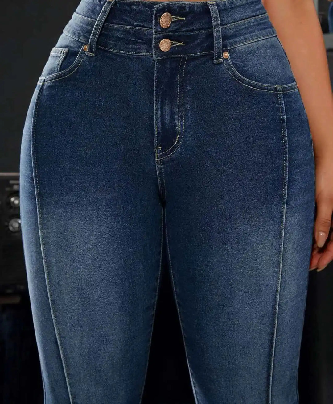 High-Waisted Stretch Denim Jeans | Double Button | Slim Straight Leg