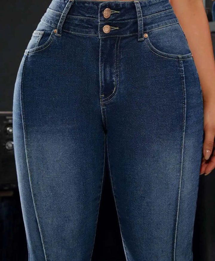 High-Waisted Stretch Denim Jeans | Double Button | Slim Straight Leg