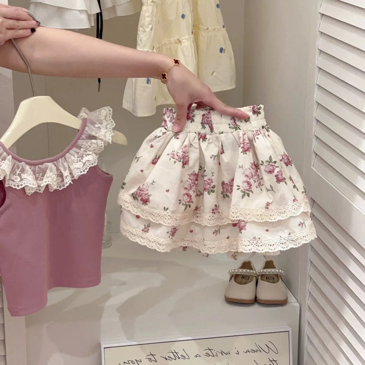 Girls Floral Double Layer Skirt | Sweet Lace Mini