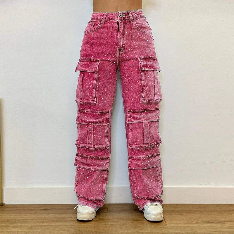 Women's High Waist Cargo Denim Jeans
