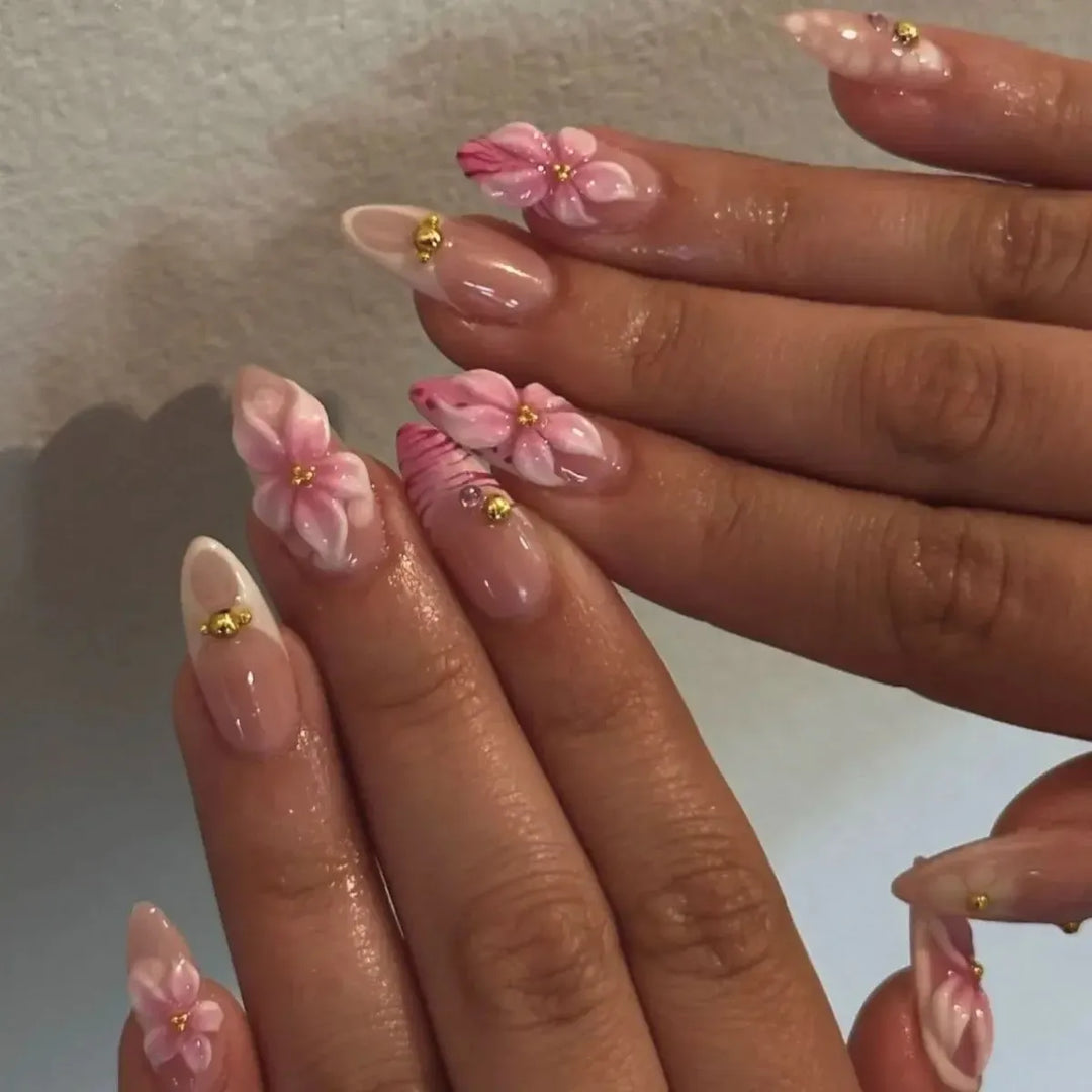 Gradient Pink Almond Press-On Nails – 24 Pcs Flower & Pearl Design False Nails-Nails-Bennys Beauty World