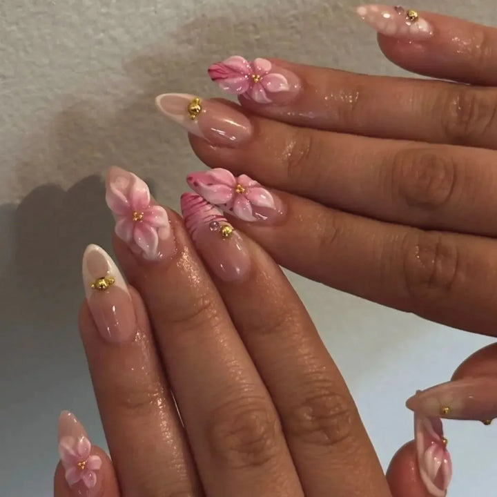 Gradient Pink Almond Press-On Nails – 24 Pcs Flower &amp; Pearl Design False Nails-Nails-Bennys Beauty World