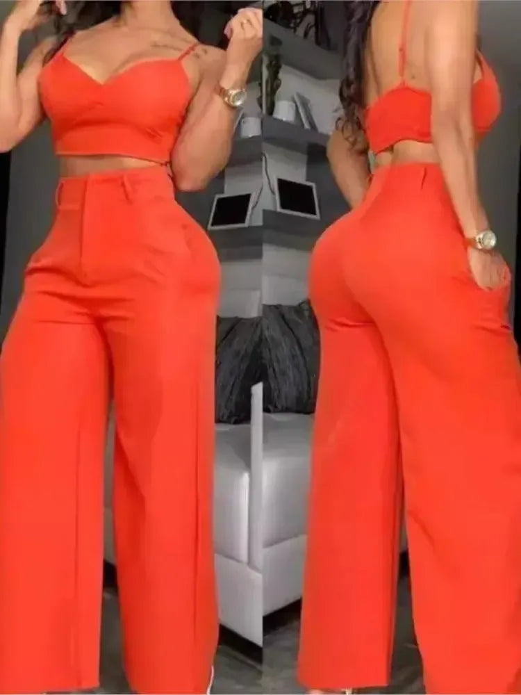 Women's Fashion Solid 2 Piece Sets Sexy V Neck Spaghetti Strap Short Tops-Outfit Set-Bennys Beauty World