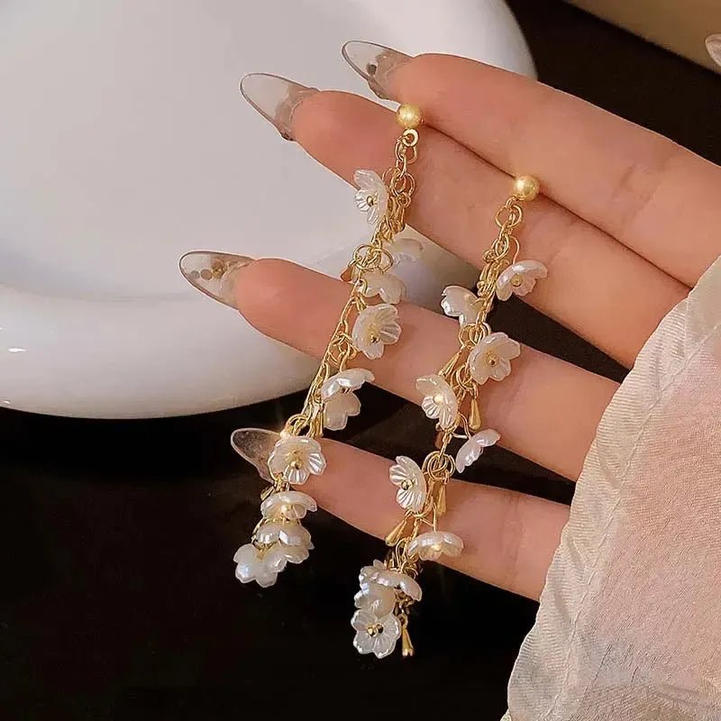 Camellia Flower Petal Earrings | Removable Tassel Dangle - Bennys Beauty World