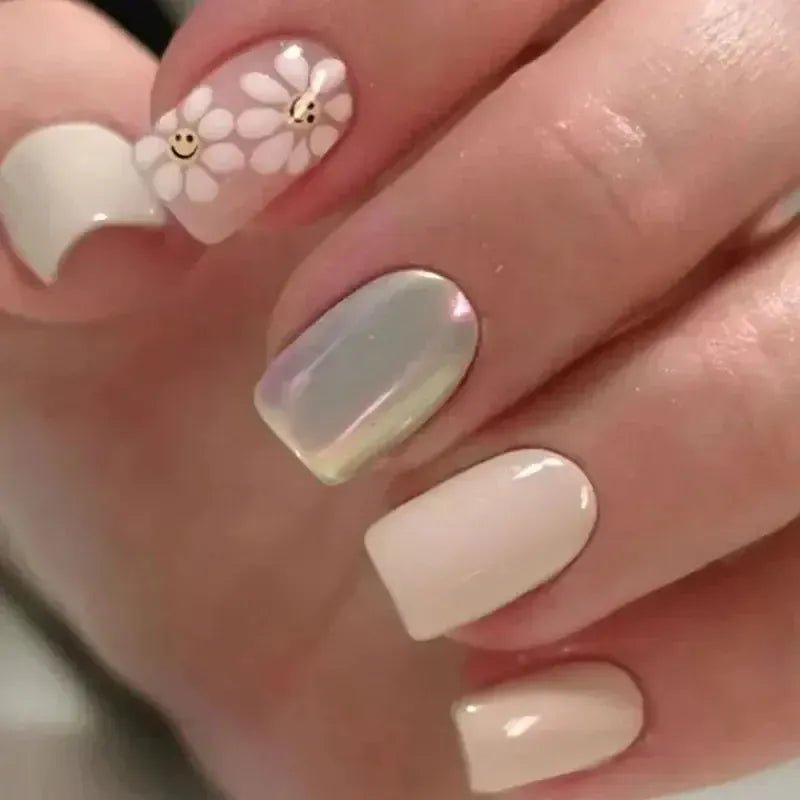 Short Square French Flower Press - On Nails 24 Pcs - Bennys Beauty World