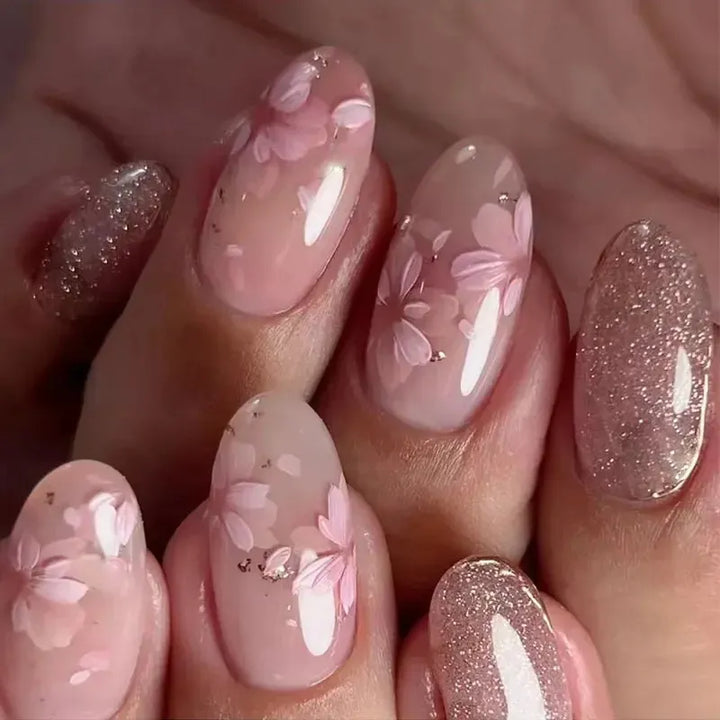 Almond Press-On Nails – 24 Pcs Flower Pattern False Nails | Bennys Beauty World-Nails-Bennys Beauty World