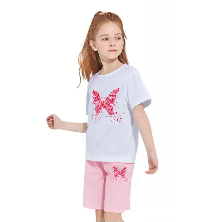 Girls Bow Cat Print T-Shirt &amp; Shorts Set | 2-Piece Summer Outfit | Ages 3–14