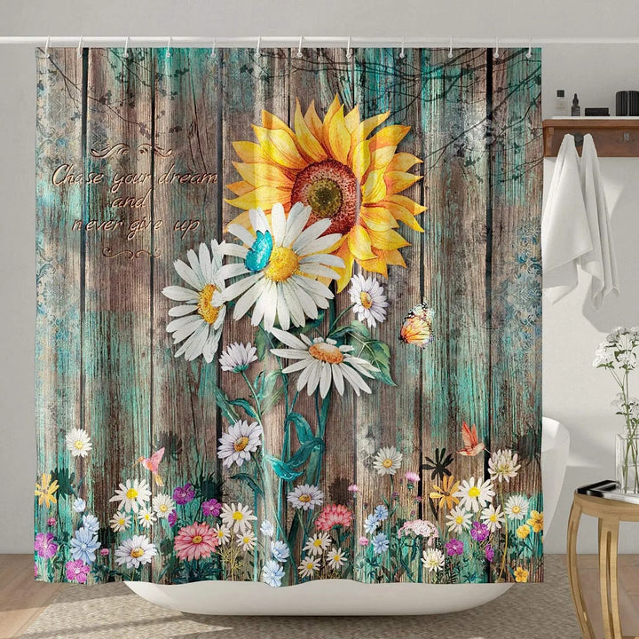 Rustic Shower Curtain Set Grey Floral Fabric Bath Curtain Butterfly Daisy American Country Farm Style Bathroom Decor with Hooks-Arlik interiors