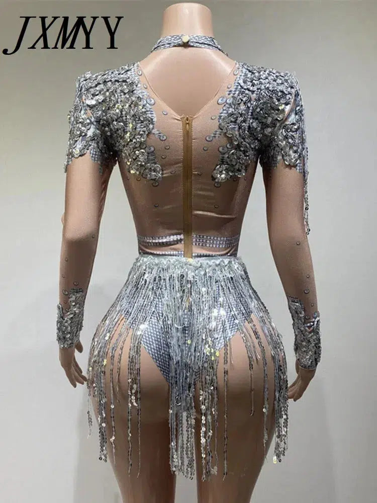 Women's Shining Rhinestone Sequins Tassels Jumpsuit, Stage Outfits, Stretch Fringes Bodysuits, Party Costume, Nightclub, Dancer-Bennys Beauty World