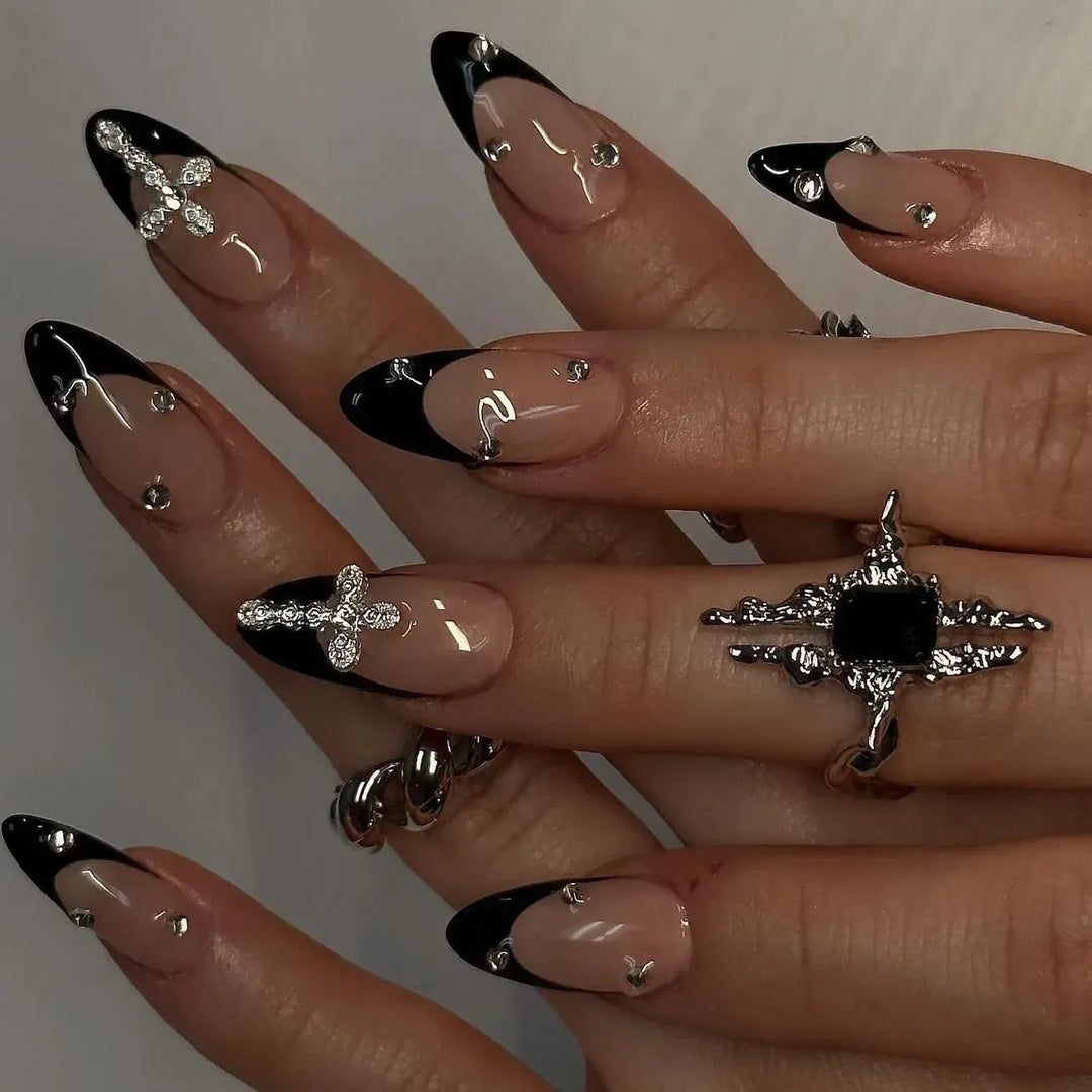 French Almond Press-On Nails – 24 Pcs Blue Star Pattern False Nails-Nails-Bennys Beauty World