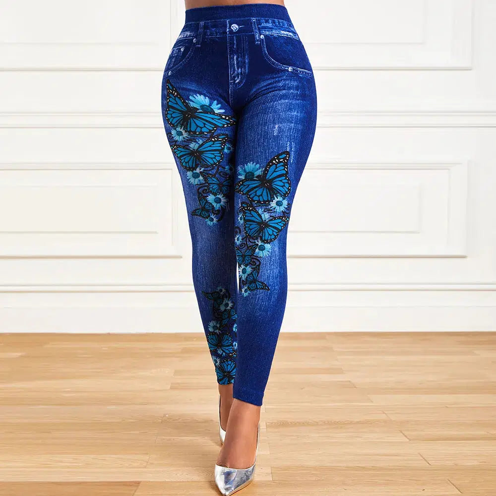 Womens High Waist Stretchy Legging Denim Look Skinny Leggings