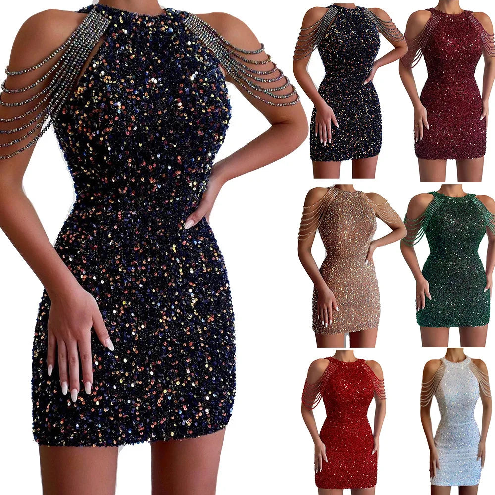 Collage of a sparkly dress in various colors with a plain background