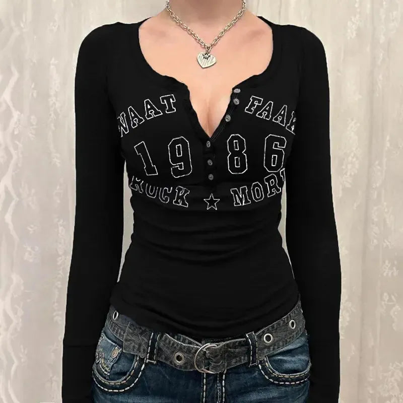 Black T-shirt Women Autumn Letter Print Blouse-Bennys Beauty World