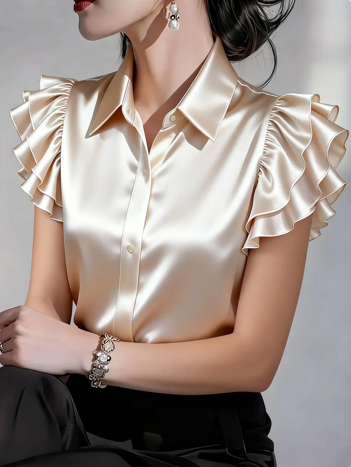 Women's Satin Button-Down Blouse – Ruffle Sleeve Collared Office Shirt