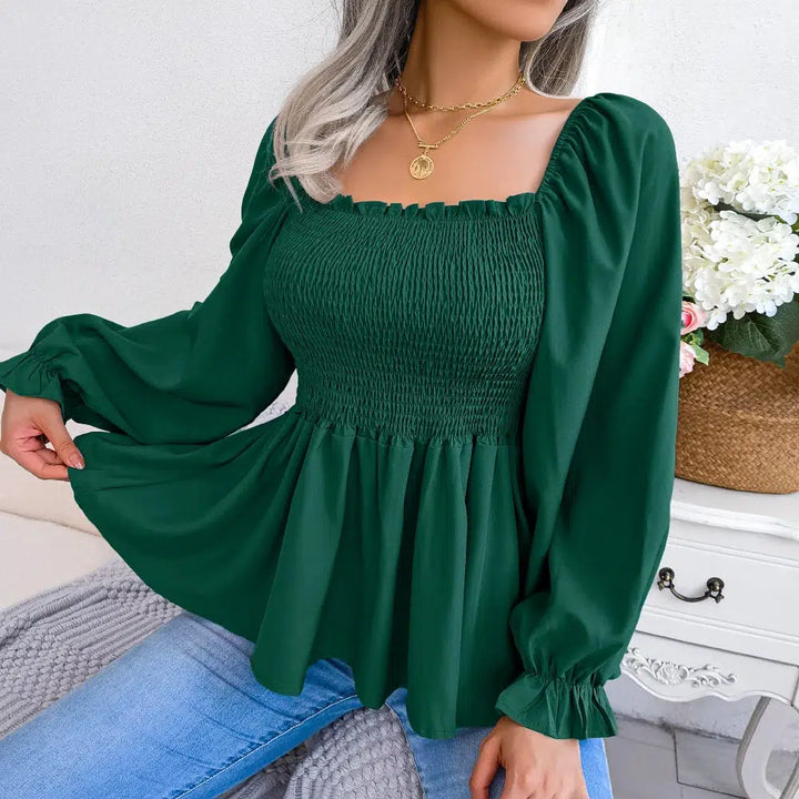 Women Chiffon Blouse 2023 Long Sleeve Casual Ruffles Peplum Top White Red Green Blue Black-Bennys Beauty World