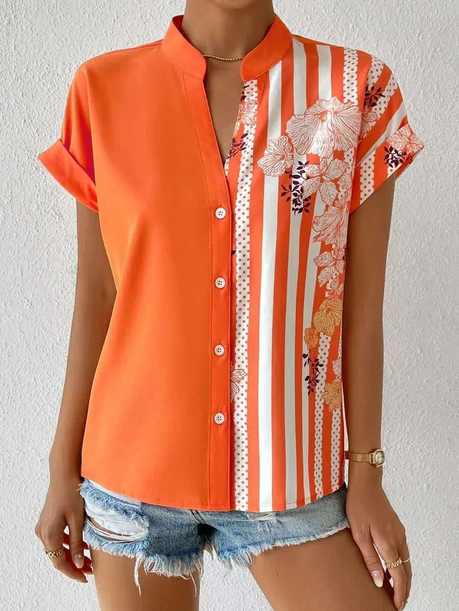 Women's Summer Double-contrast Flower Button Short-sleeved Shirt