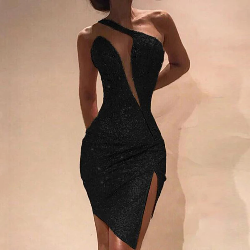 One-Shoulder Sequin Split Mini Dress