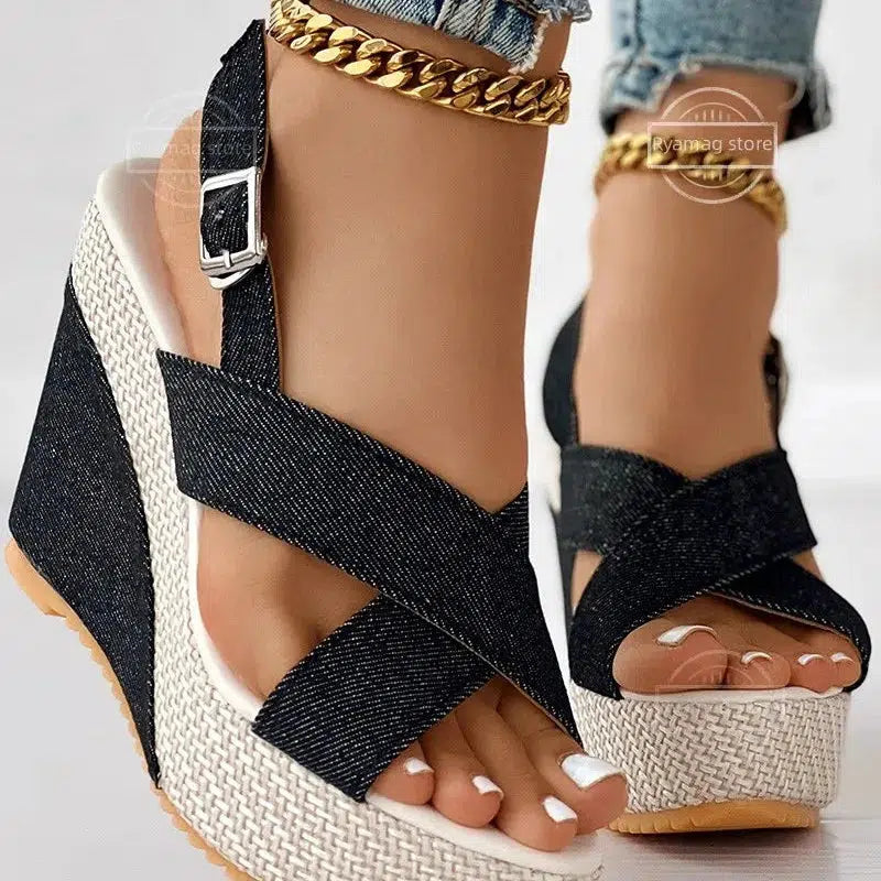 Women's Peep Toe Denim Wedge Shoes