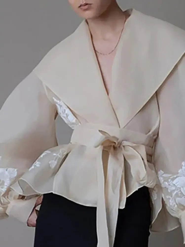 Women’s Colorblock V - Neck Lantern Sleeve Blouse – Lace - Up Patchwork Shirt - Bennys Beauty World