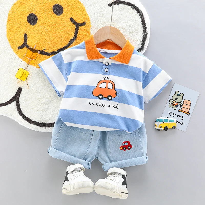 Baby boys Polo Shirt + Handsome Denim Shorts-Outfit Set-Bennys Beauty World