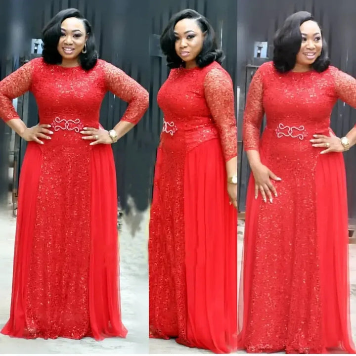 Wulend African Lace Party Dress for Women – Full-Length Sequin Kanga A-Line Gown-Dresses-Bennys Beauty World