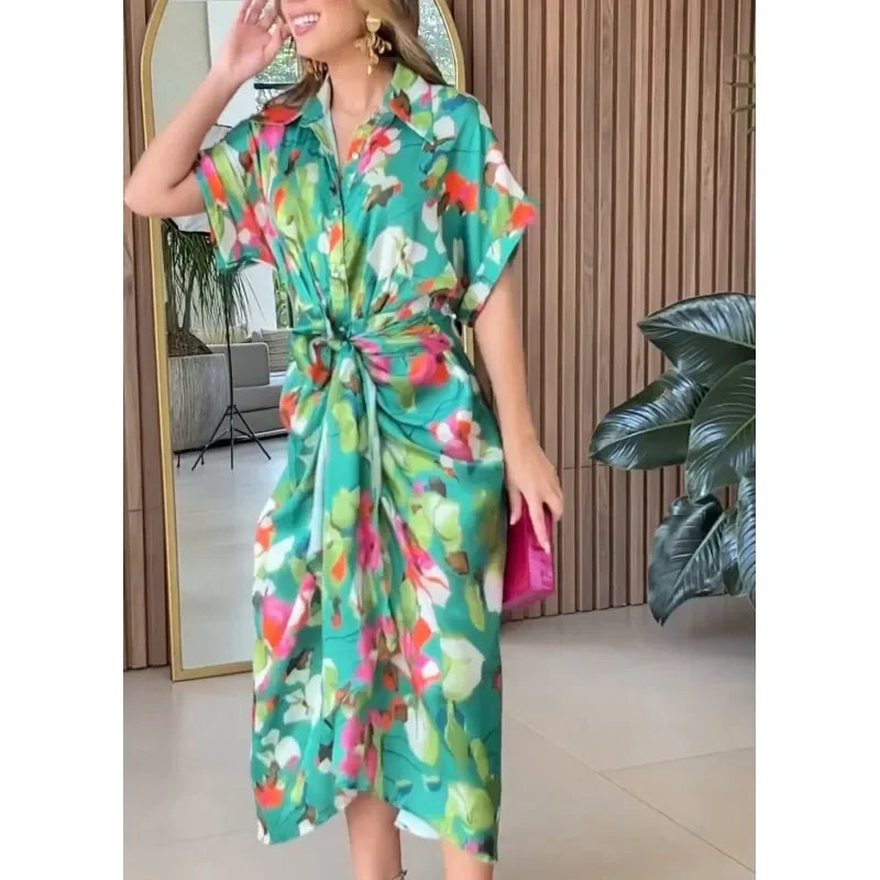 Women Dresses Short Sleeve Turn Down Collar Dress-Dresses-Bennys Beauty World