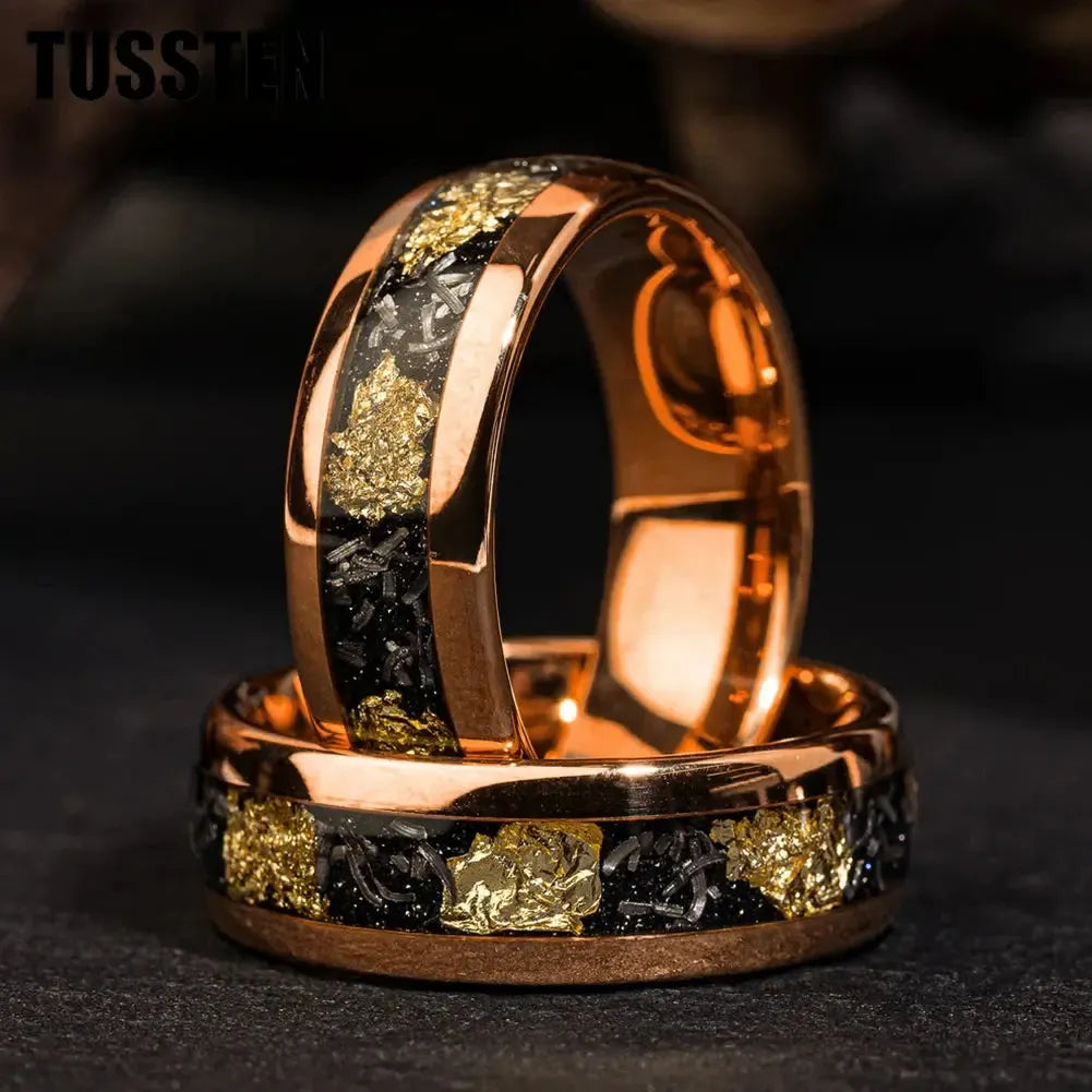 TUSSTEN Tungsten Carbide Wedding Band Ring – 4/6/8MM Dome Edge with Meteorite &amp; Gold Foil Inlay-Bennys Beauty World