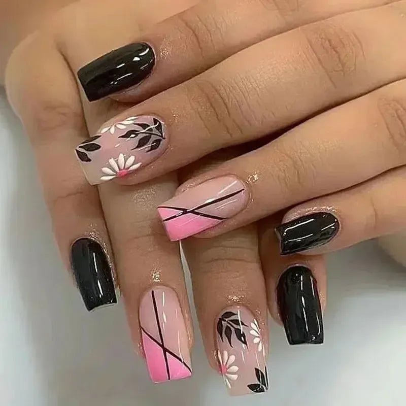 Short Square French Flower Press - On Nails 24 Pcs - Bennys Beauty World