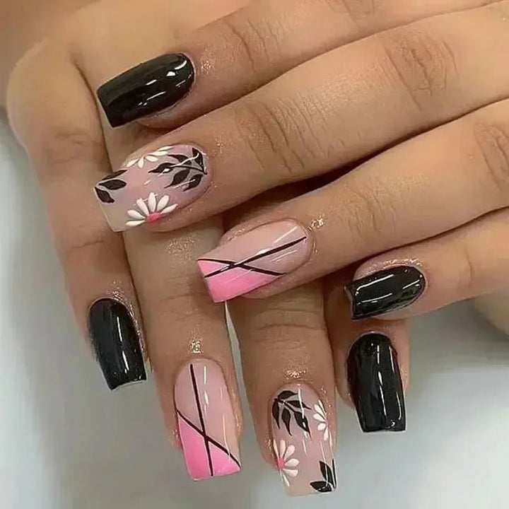 Short Square French Flower Press - On Nails 24 Pcs - Bennys Beauty World