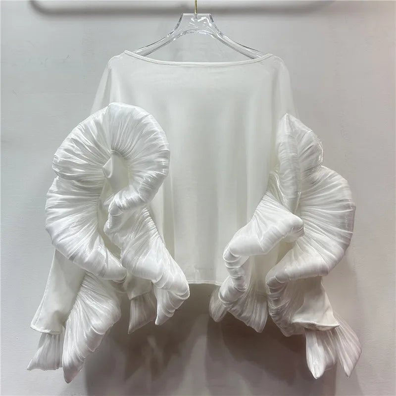 Women's Ruffle Splice Blouse – Irregular Hem Round Neck Full Sleeve - Bennys Beauty World