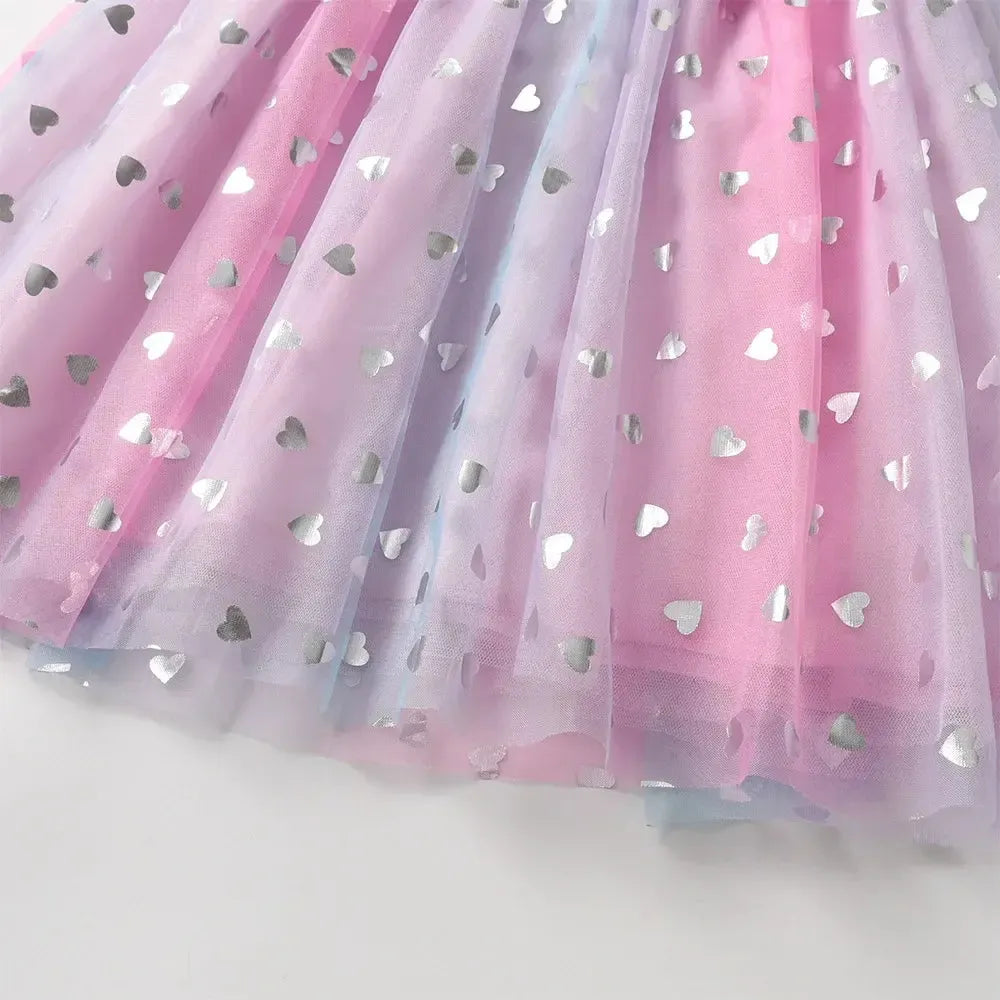 VIKITA Girl Flare Sleeve Autumn Spring Pink Dress Kids Heart Shape Mesh Tulle Princess Party Casual Cute Fashion Gradient Frocks-Bennys Beauty World
