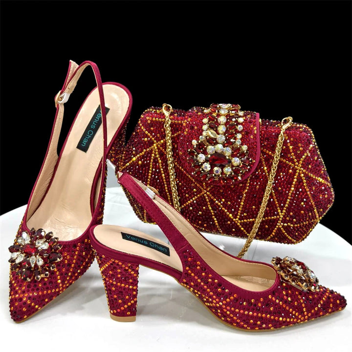 Ladies Italian Design Shoes And Bag Set Decorated with Rhinestone