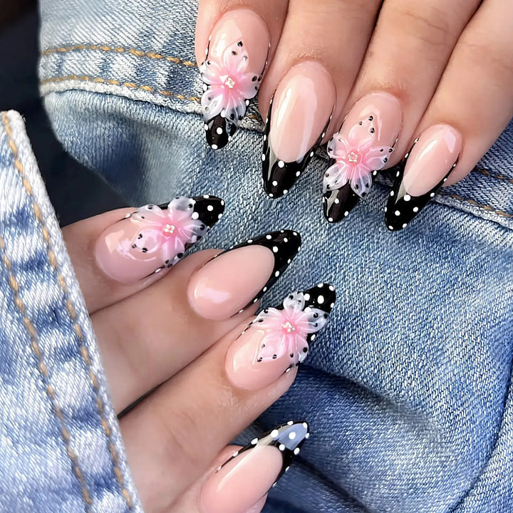 Gradient Pink Almond Press-On Nails – 24 Pcs Flower &amp; Pearl Design False Nails-Nails-Bennys Beauty World