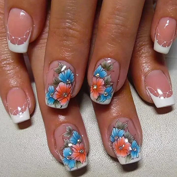 Long Coffin Press-On Nails – 24 Pcs Gradient Flower Design Reusable False Nails-Bennys Beauty World
