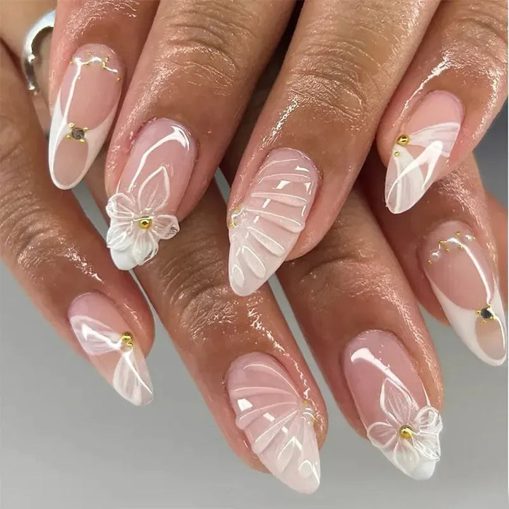 Gradient Pink Almond Press-On Nails – 24 Pcs Flower &amp; Pearl Design False Nails-Nails-Bennys Beauty World