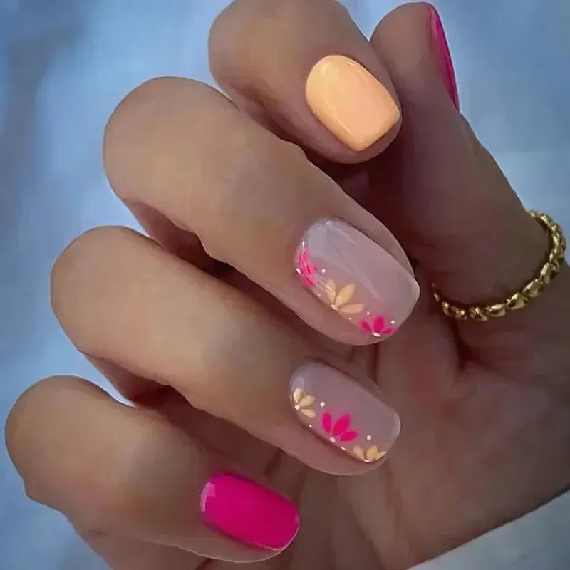 Short Square French Flower Press - On Nails 24 Pcs - Bennys Beauty World