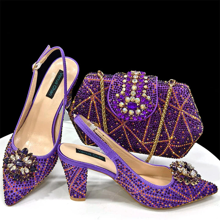 Ladies Italian Design Shoes And Bag Set Decorated with Rhinestone