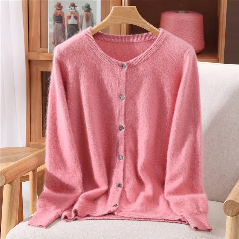 New Women 100% Mink Cashmere Sweater O-Neck Buttons Cardigan Autumn Winter Soft Warm Cable Kint Sweater Casual Long  Sleeve Tops