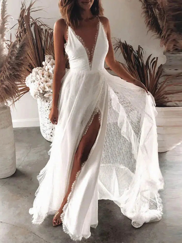 Women's V-neck Halter Dress Mesh Wedding And Evening Dress-Wedding dresses-Bennys Beauty World