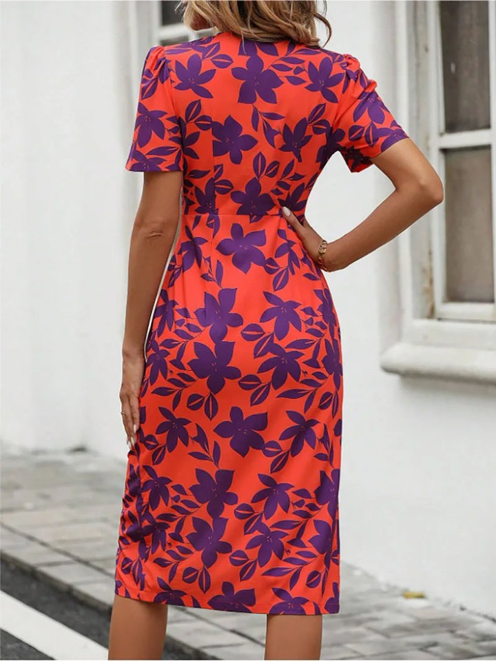3 Colors Printed Dress Summer Short Sleeved V-Neck Dresses Women's Vacation Tight Dress-Dresses-Bennys Beauty World