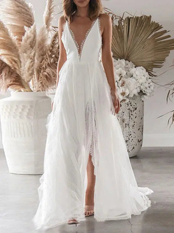 Women's V-neck Halter Dress Mesh Wedding And Evening Dress-Wedding dresses-Bennys Beauty World