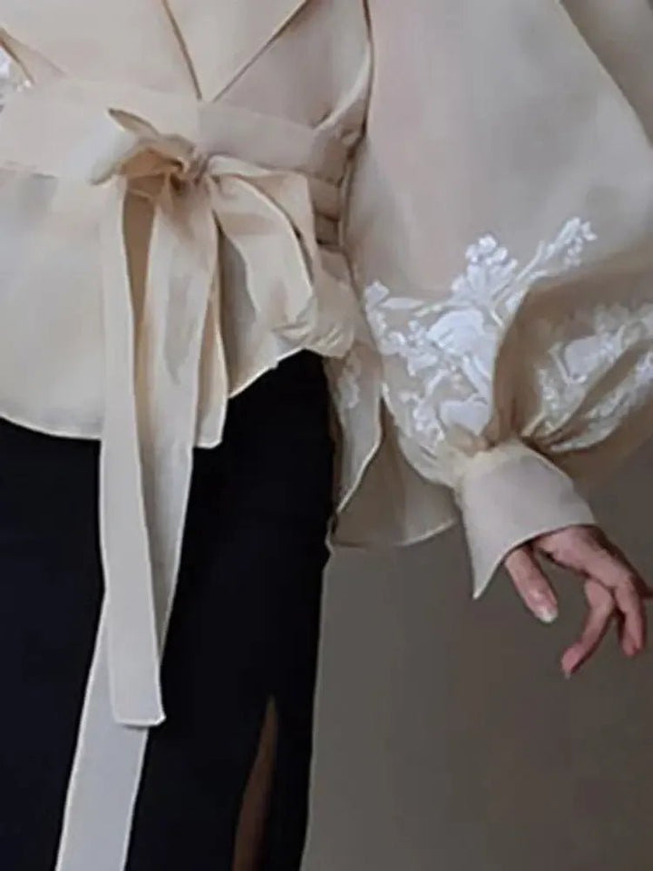 Women’s Colorblock V - Neck Lantern Sleeve Blouse – Lace - Up Patchwork Shirt - Bennys Beauty World