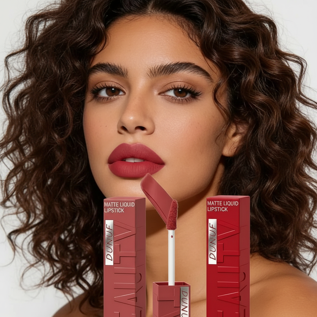 Woman with red lipstick and open lipstick case against a white background