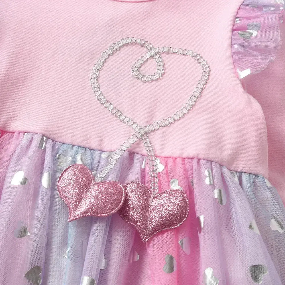 VIKITA Girl Flare Sleeve Autumn Spring Pink Dress Kids Heart Shape Mesh Tulle Princess Party Casual Cute Fashion Gradient Frocks-Bennys Beauty World